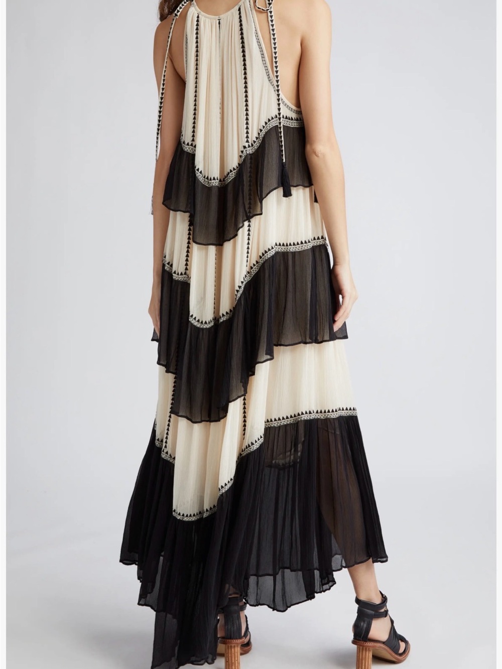 Ulla Johnson Black and Cream Asymmetrical Tiered Maxi Dress